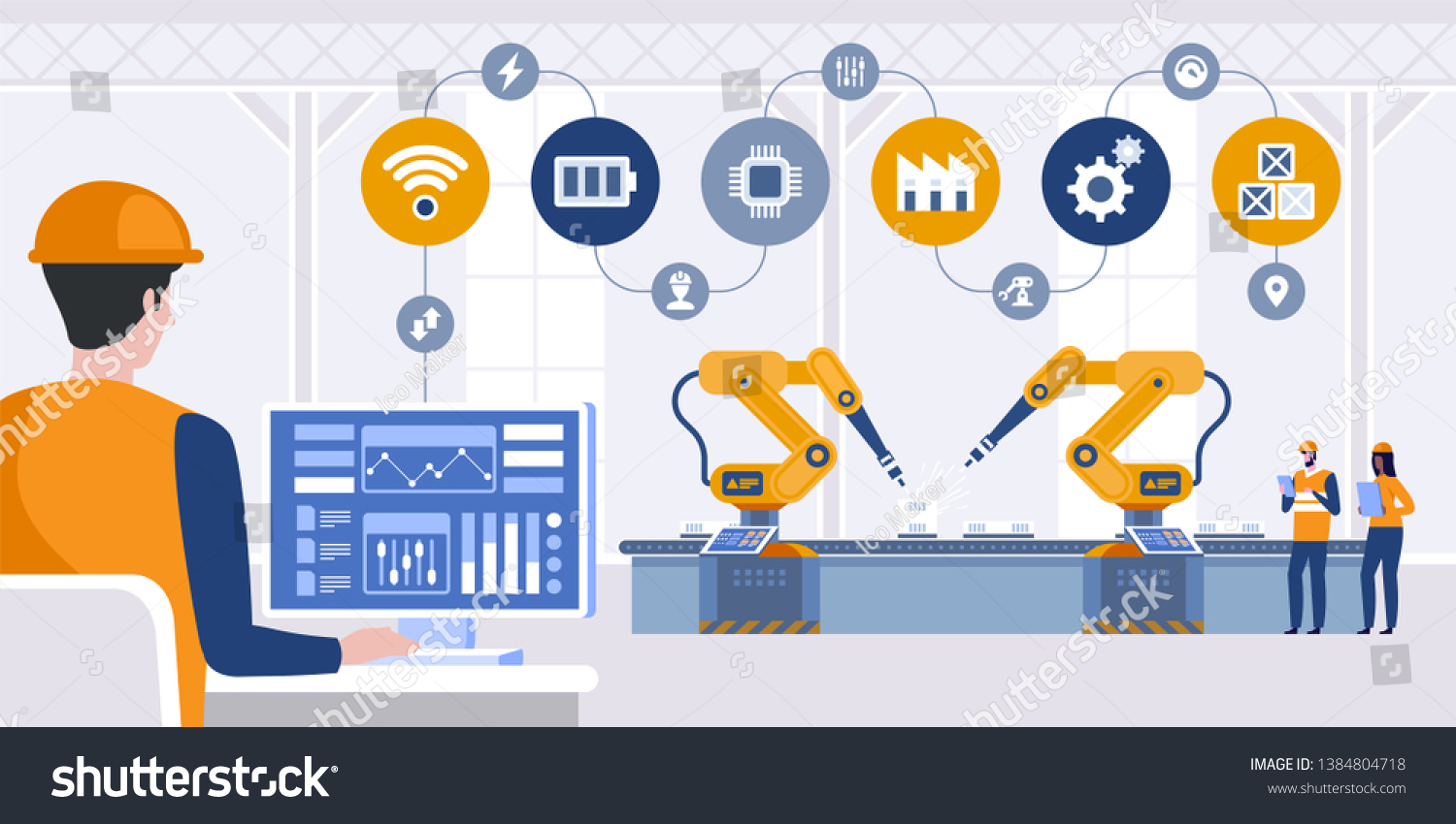 Manager engineer check and control automation robot arms machine in intelligent factory industrial on real time monitoring system software. Industry 4.0 concept. Vector illustration