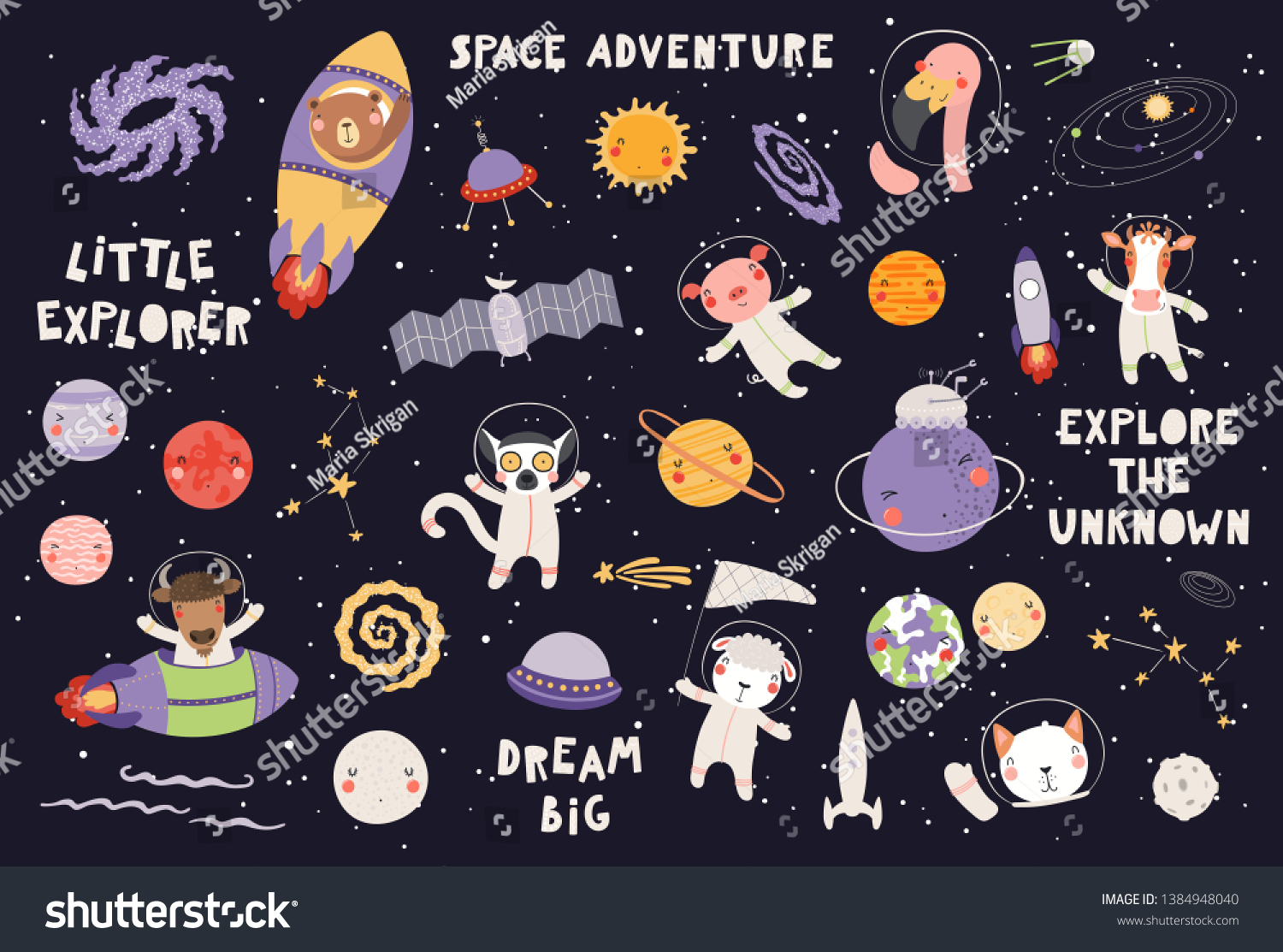 Big set of cute animal astronauts in space  with planets  stars  spaceships  quotes  on dark background. Hand drawn vector illustration. Scandinavian style flat design. Concept for children print.