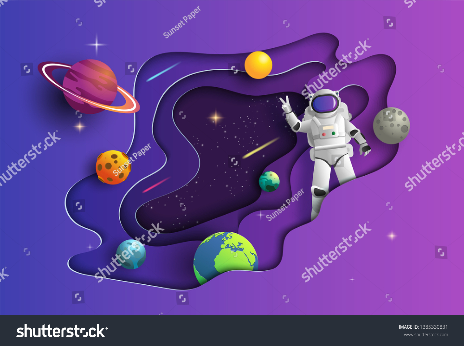 Paper art style of astronaut in outer space on mission  showing victory hand sign  flat-style vector illustration.