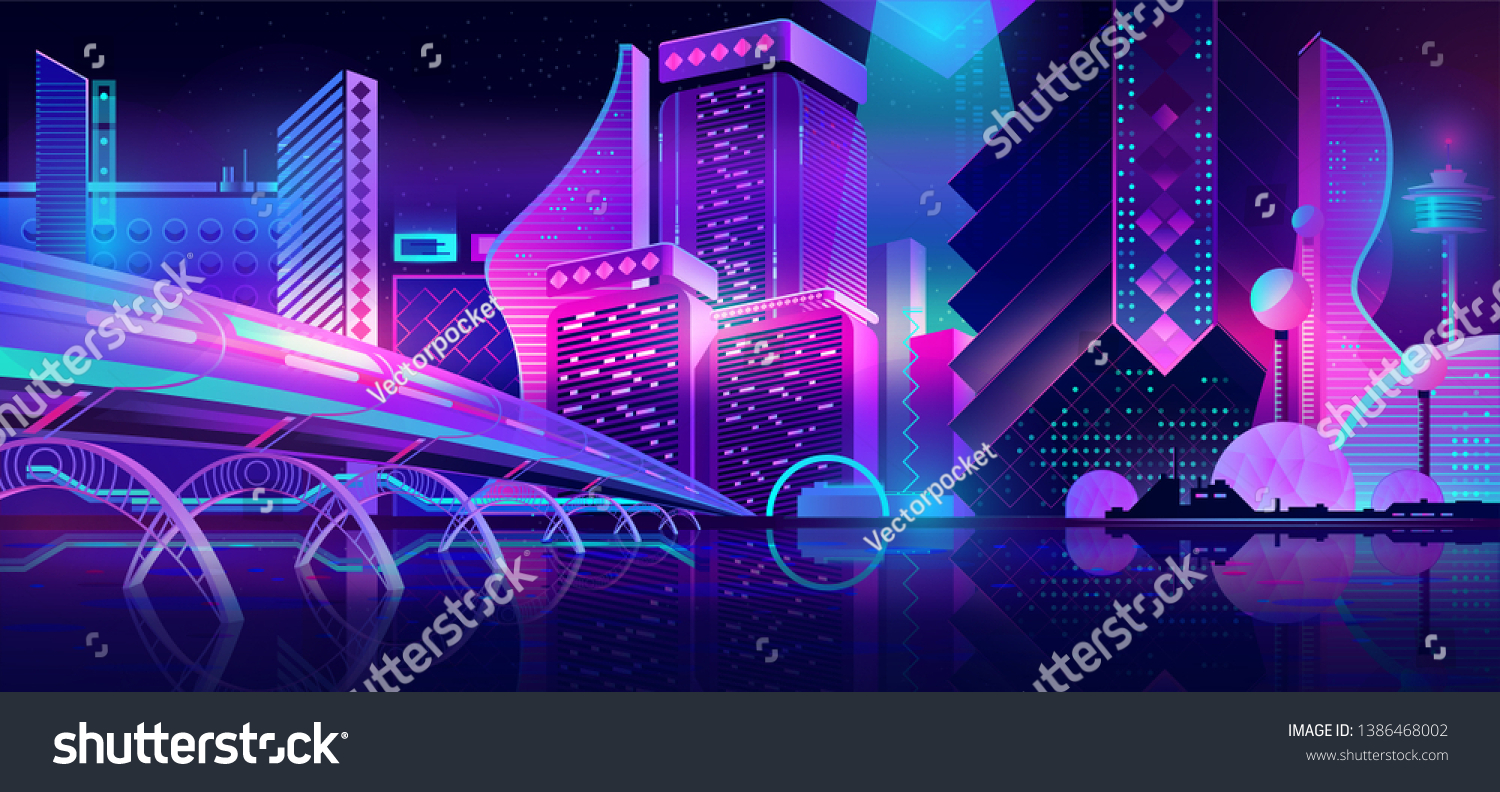Future metropolis streets night skyline cartoon vector with illuminated blue and violet neon lights futuristic skyscrapers  bridge  subway railroad over city bay illustration. Sci-fi urban background