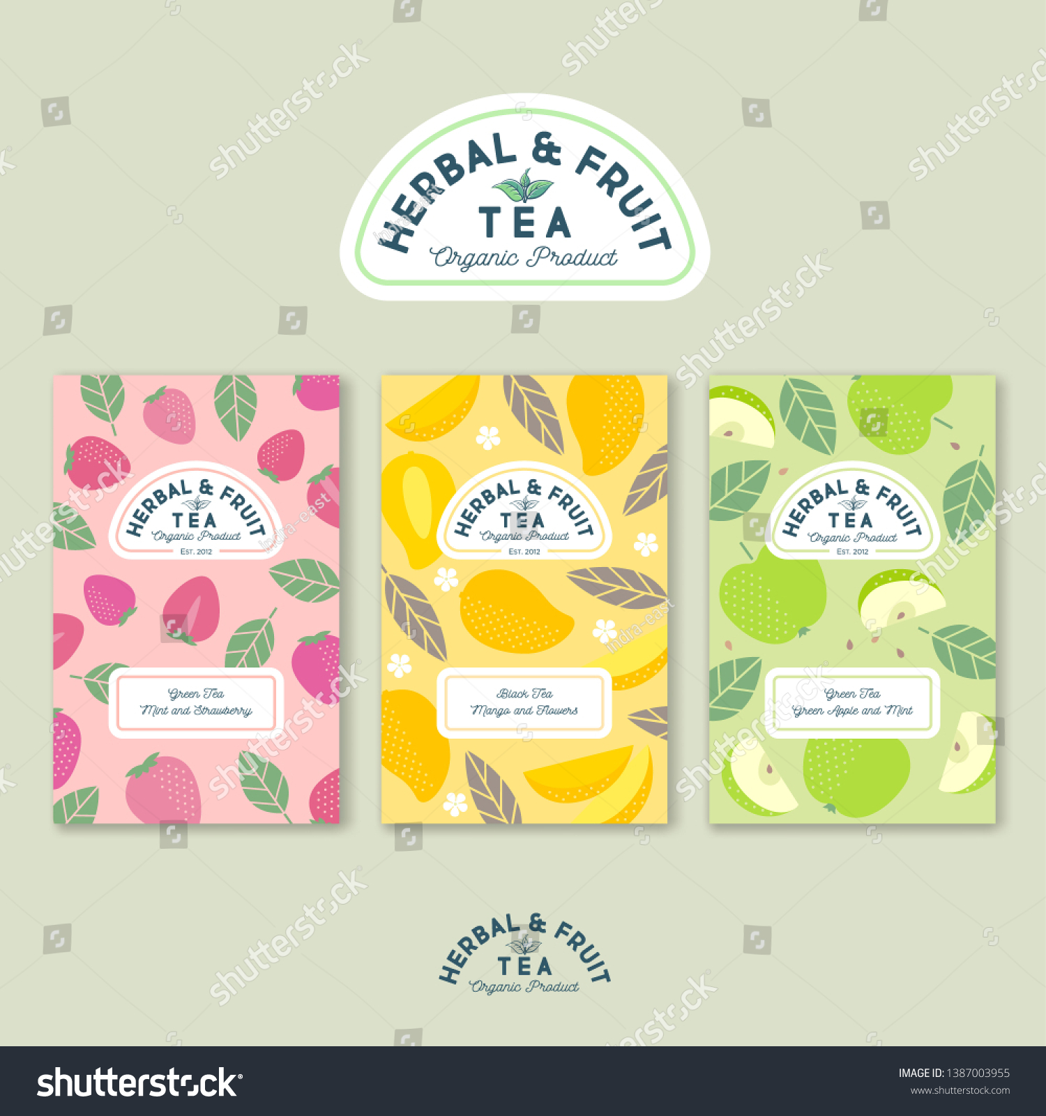 Herbal and fruit  tea logo. Tea label.  Fruit  berries  leaves and flowers backgrounds. letters. Logo and fruit patterns for packaging. 