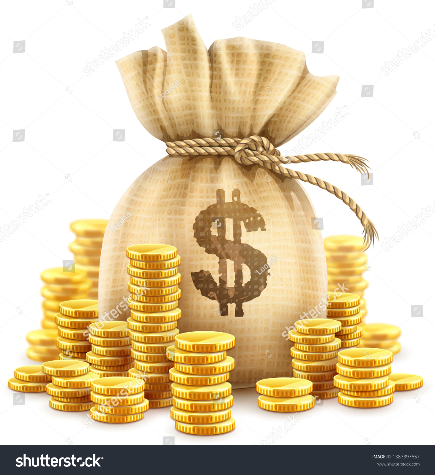 Full sack of cash money corded with rope and heaps of gold coins. Banking concept realistic icon of moneybag with dollar currency sign. Isolated on white transparent background. Vector illustration.