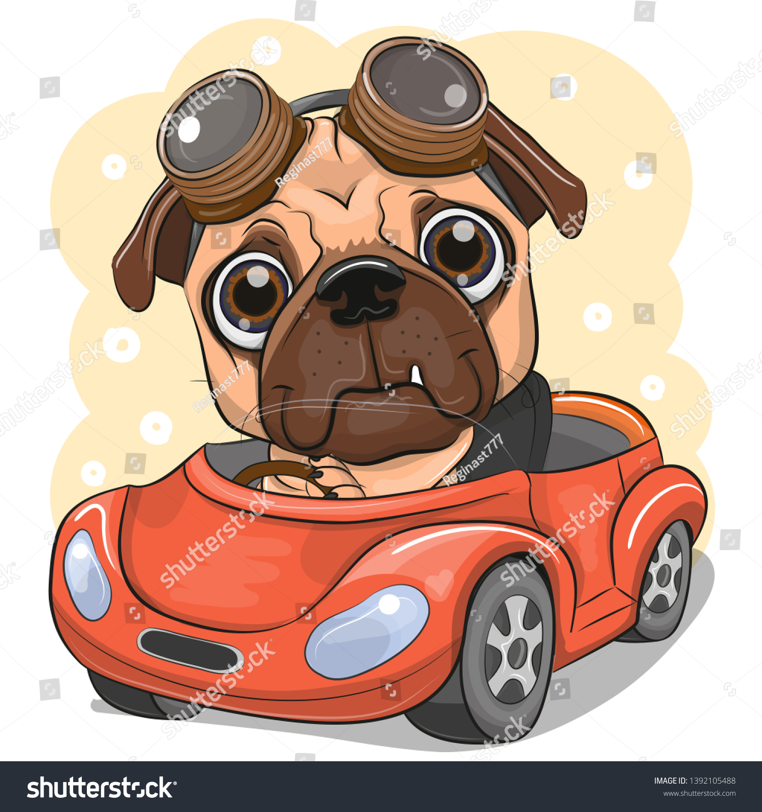 Cute Cartoon Pug Dog boy in glasses goes on a Red car
