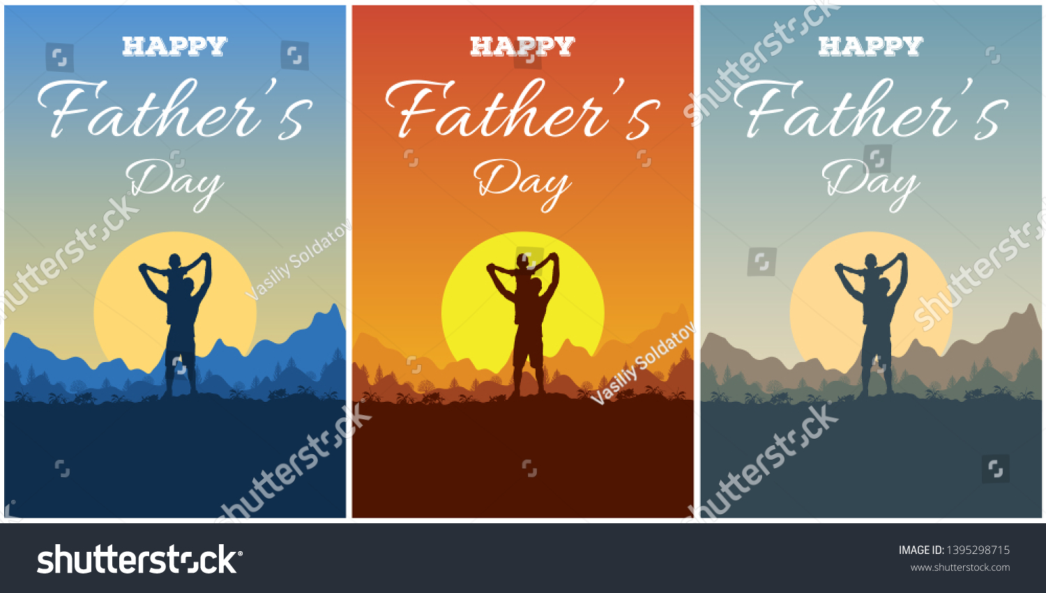 一套贺卡 上面写着快乐的父亲节 父亲和儿子的剪影在冒险景观的背景下 山 森林 阳光和天空。日落大自然的爸爸和孩子。