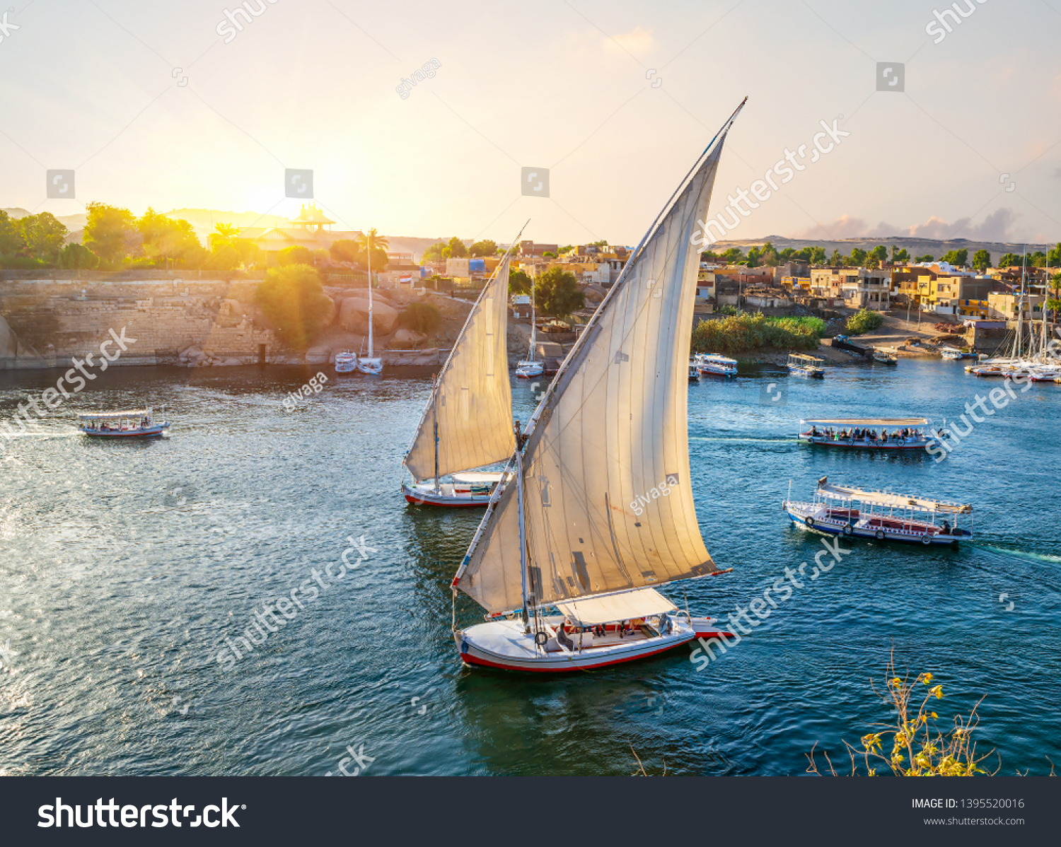 River Nile and boats at sunset in Aswan
