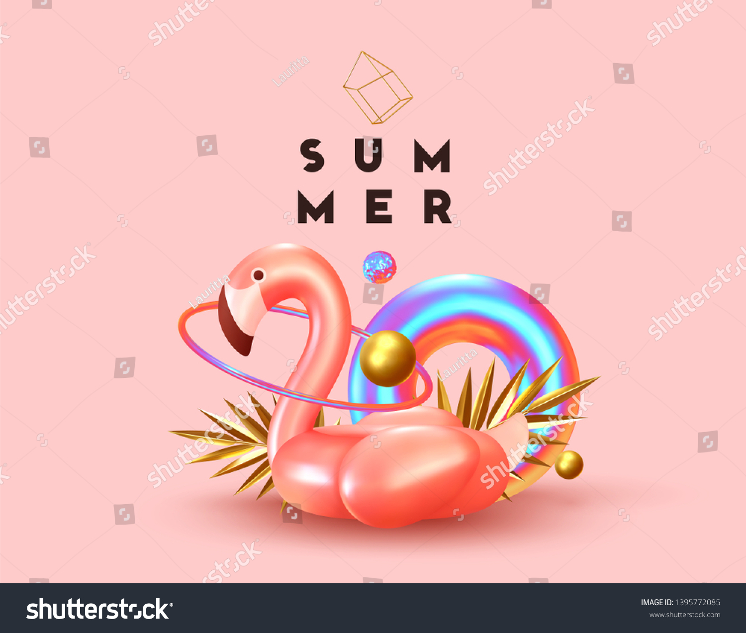 Background with 3d objects  bird shape pink flamingo  torus lifebuoy color gradient  golden balls and rings  gold palm leaves. Trendy banner  poster  website cover. Summer Minimal Abstract Background