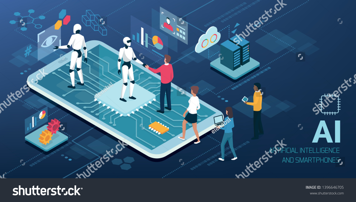 Human-AI interaction: people meeting android robots on a smartphone with AI processor  artificial intelligence and human computer interaction concept