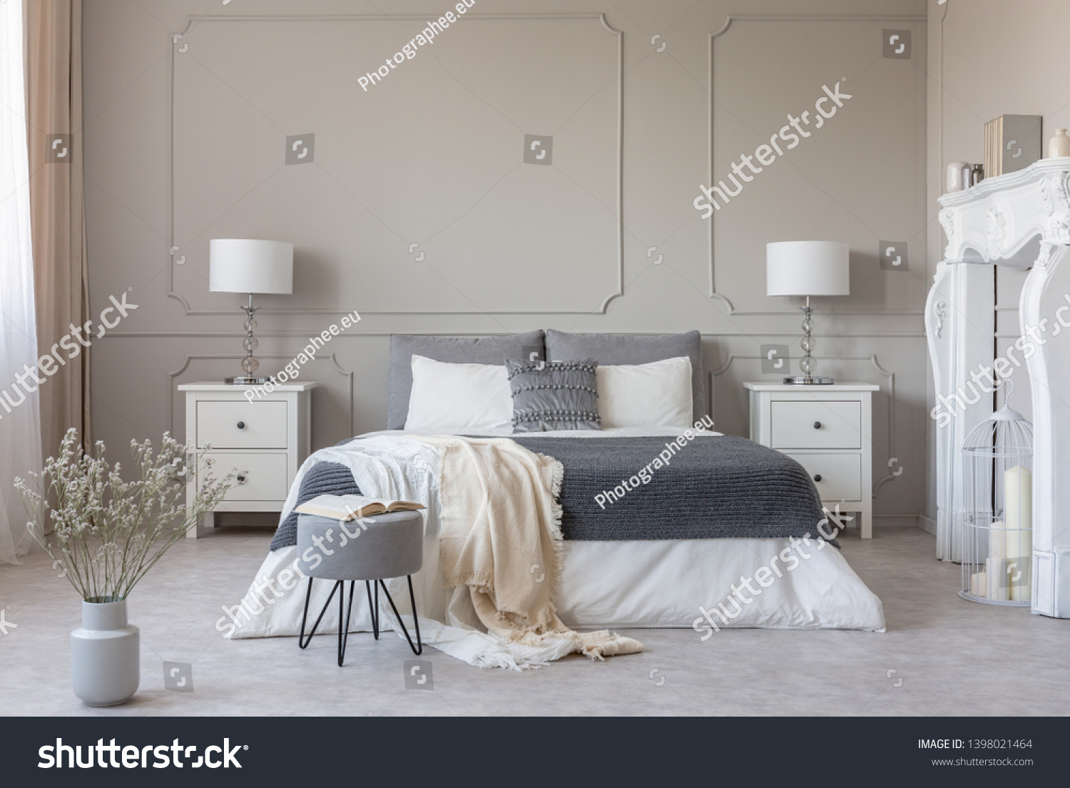 New york style bedroom interior with symmetric design  copy space on empty grey wall