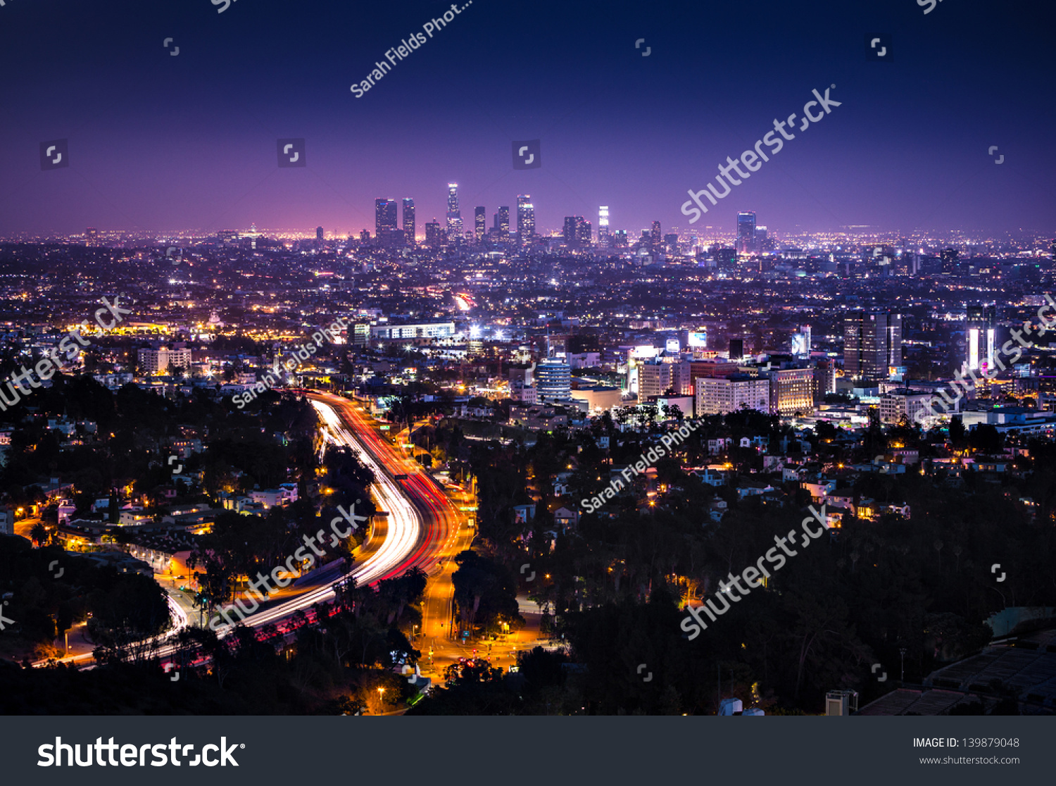 View of Downtown Los Angeles from the Hollywood Hills. Interstate 101 is shown in the foreground.
