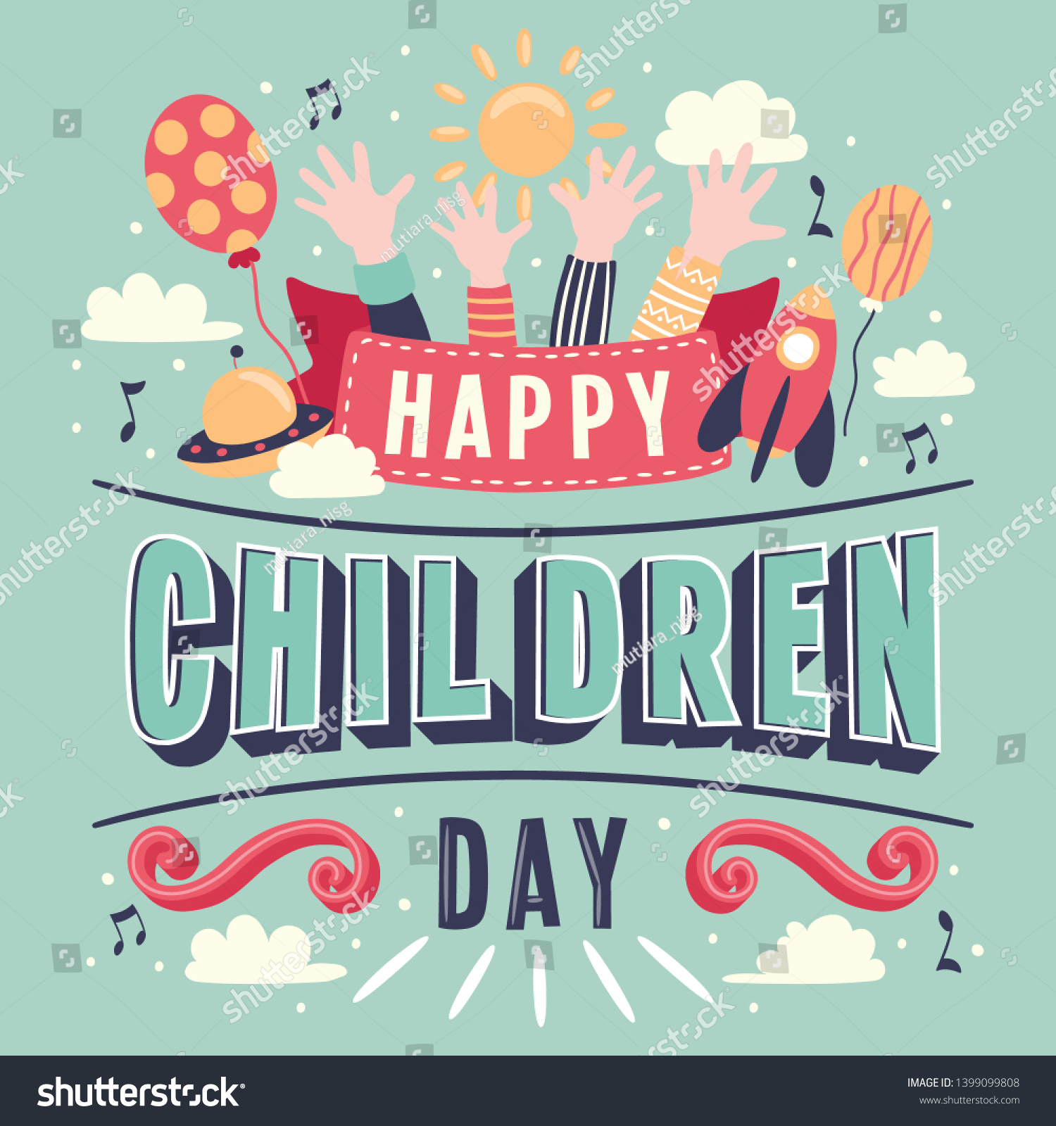 Children's day Hand Lettering vector background. Happy Children's Day. Happy children's day colorful card with children's hands balloon sun - Vector Illustration