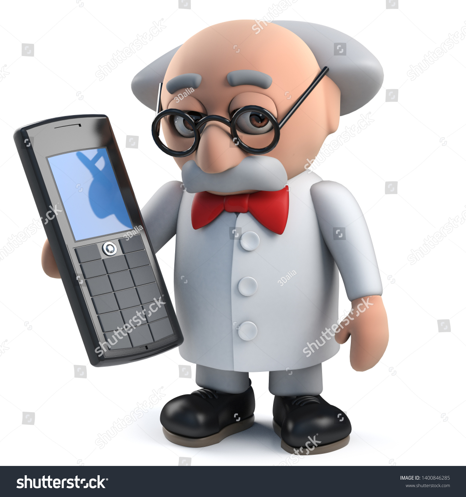 Render of a 3d Crazy mad scientist character holding a cellphone