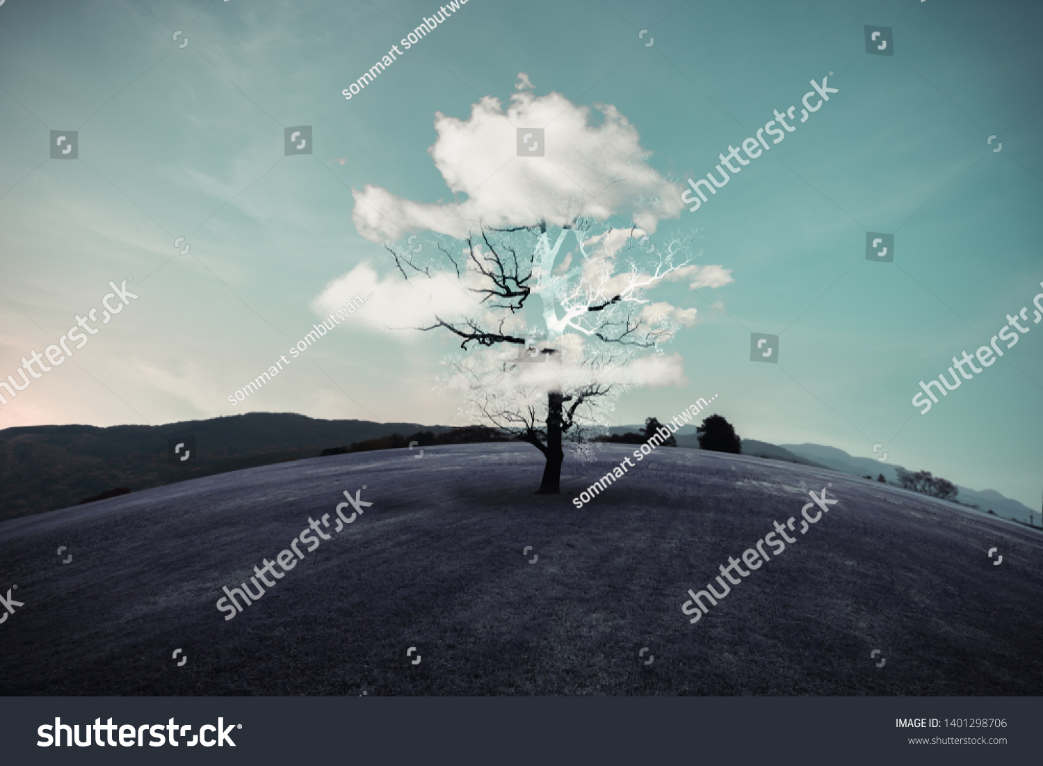 Dry trees and clouds like leaves on a purple grass. Imagine and surreal concepts.