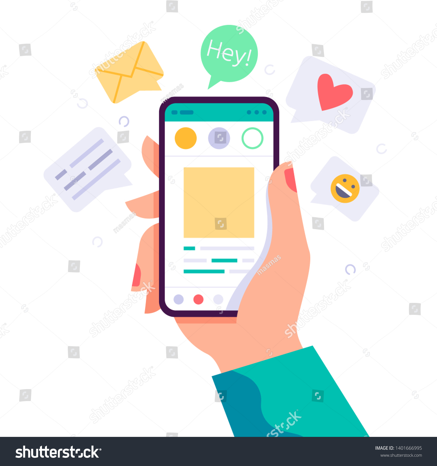 Female hand holding phone with message  icons and emoji. Communication concept on white background. Social networking concept. Vector flat cartoon illustration for web sites and banners design