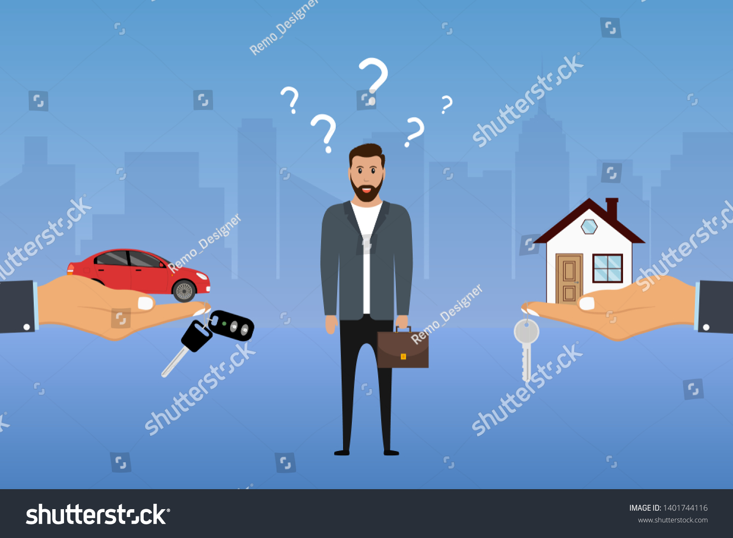 Man makes a choice between a car and a house. Businessman chooses investing options. Buyer decides what to buy. Vector illustration.