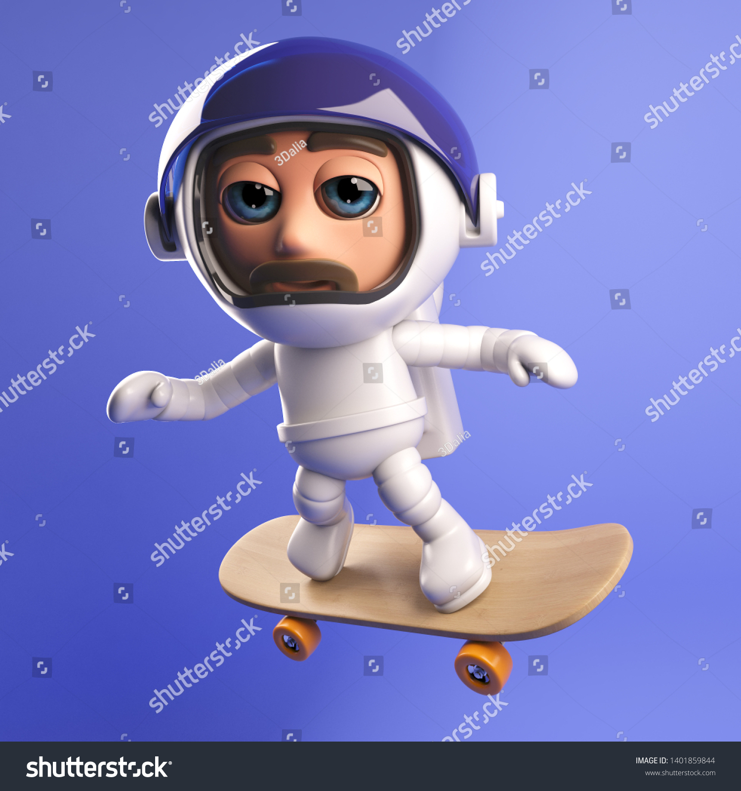 A rendered image of an astronaut spaceman in 3d riding on a skateboard in space