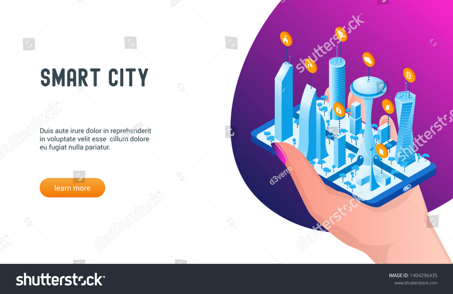 Isometric template for smart cityscape. Hand holding a mobile phone with buildings  cars and trees. Modern vector illustration