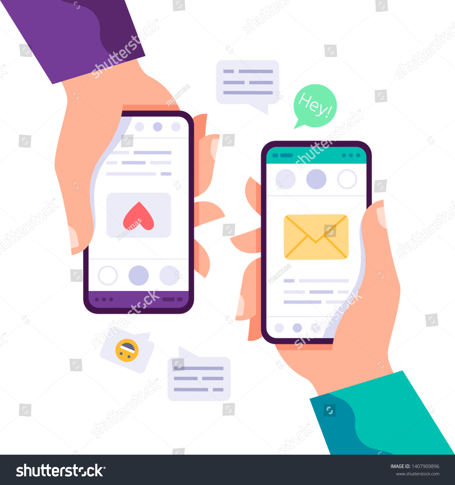 两只手拿着消息 图标和表情符号。白色背景上的沟通概念。社交网络概念。网站和横幅设计的矢量平坦卡通插图