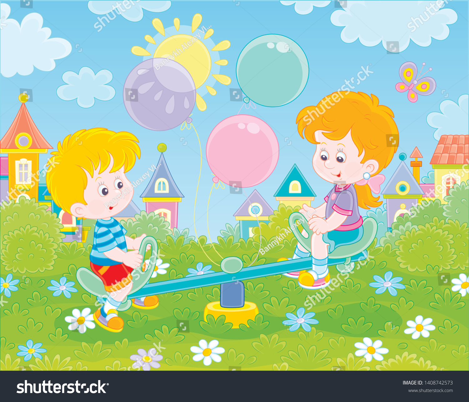 little children playing on a toy seesaw on a playground in a