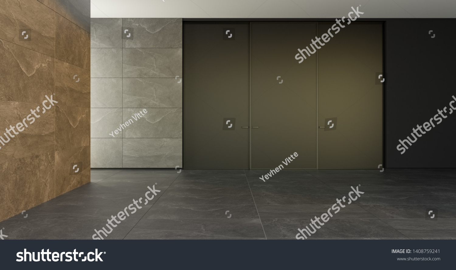 Closed modern door in a room with a stone floor and textured walls Style interior. Concept of an opportunity. 3d rendering illustration mockup