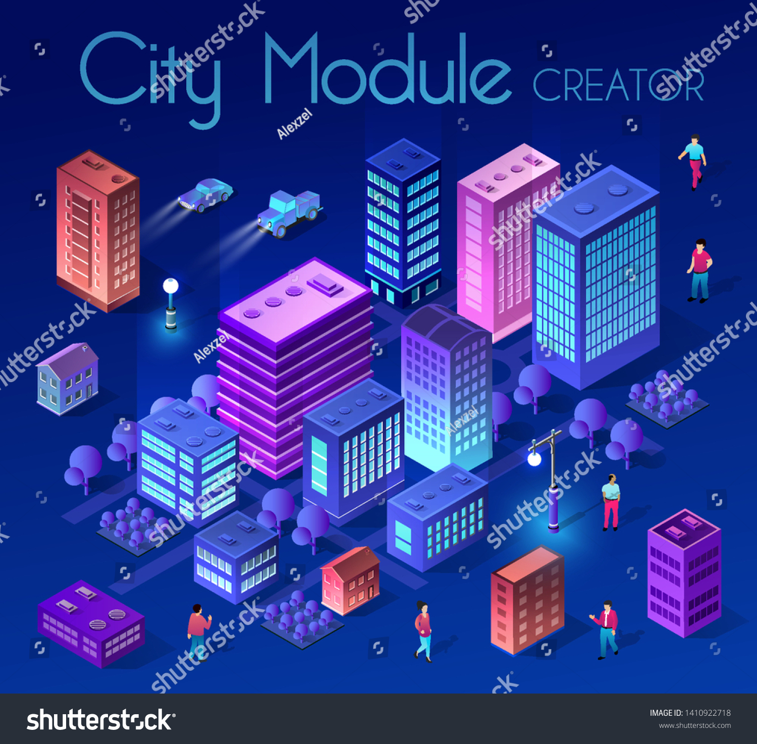 Ultraviolet Isometric City set 3d module block district city with a street road building skyscraper from the urban infrastructure of vector architecture. Modern bright illustration for game design