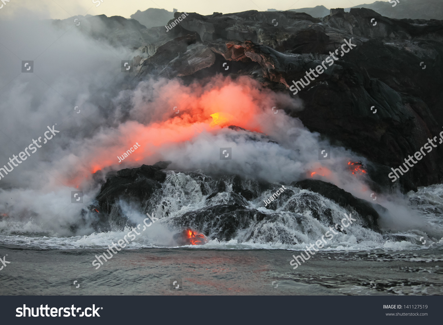 Lava flowing  into Pacific Ocean on Big Island  Hawaii