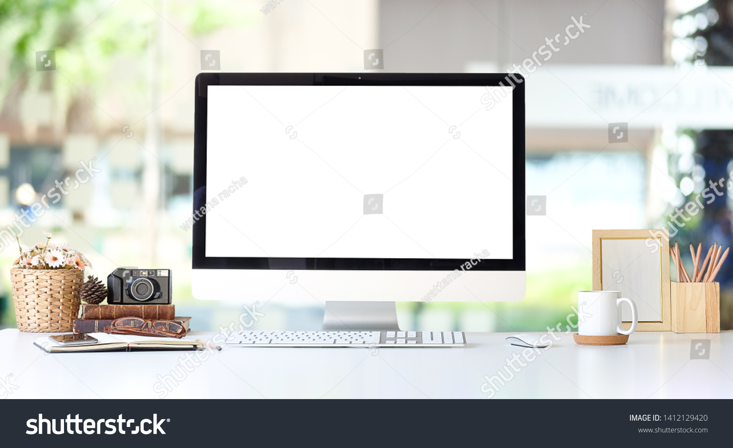 Office desk Workspace stuff with notepad  laptop and coffee cup mouse notepad shot. 