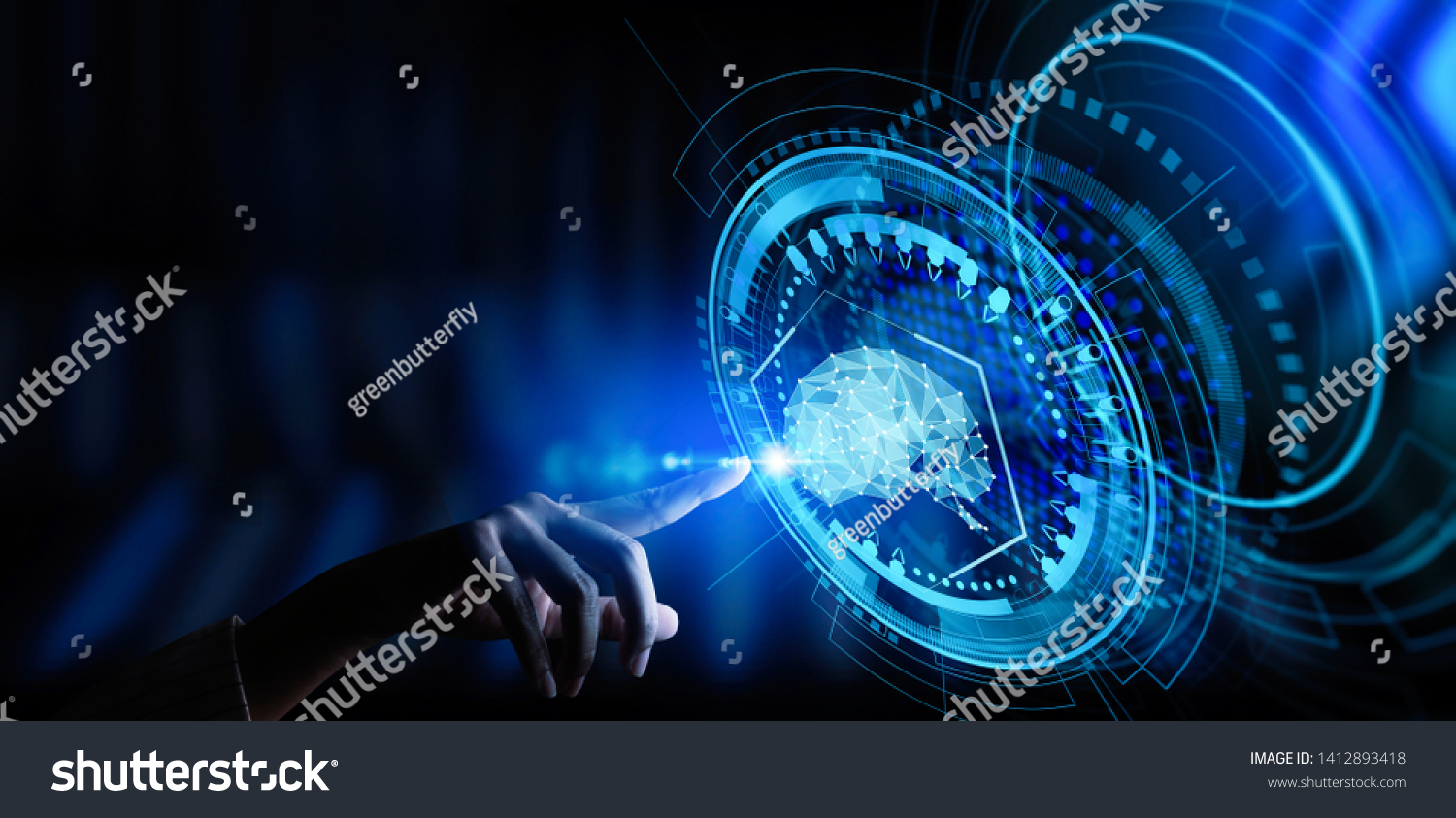 Artificial intelligence (AI) with machine deep learning and data mining and another modern computer technologies UI by hand touching low poly icon.