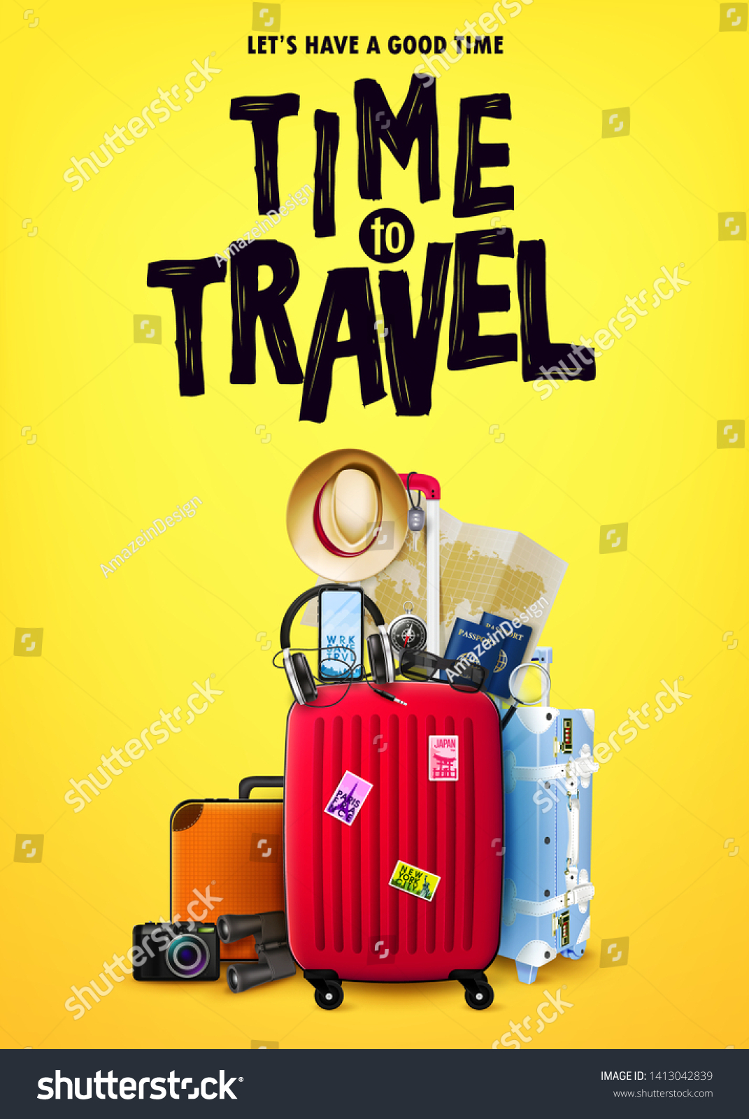 Time to Travel Tourism Poster Concept Front View with Red 3D Traveling Bag and Realistic Travel Item Elements in Yellow Orange Background Design. Vector Illustration