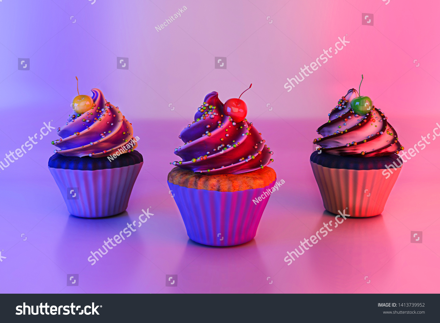 Three cupcakes with colorful frosting  sugar sprinkles and cocktail cherries in neon lights