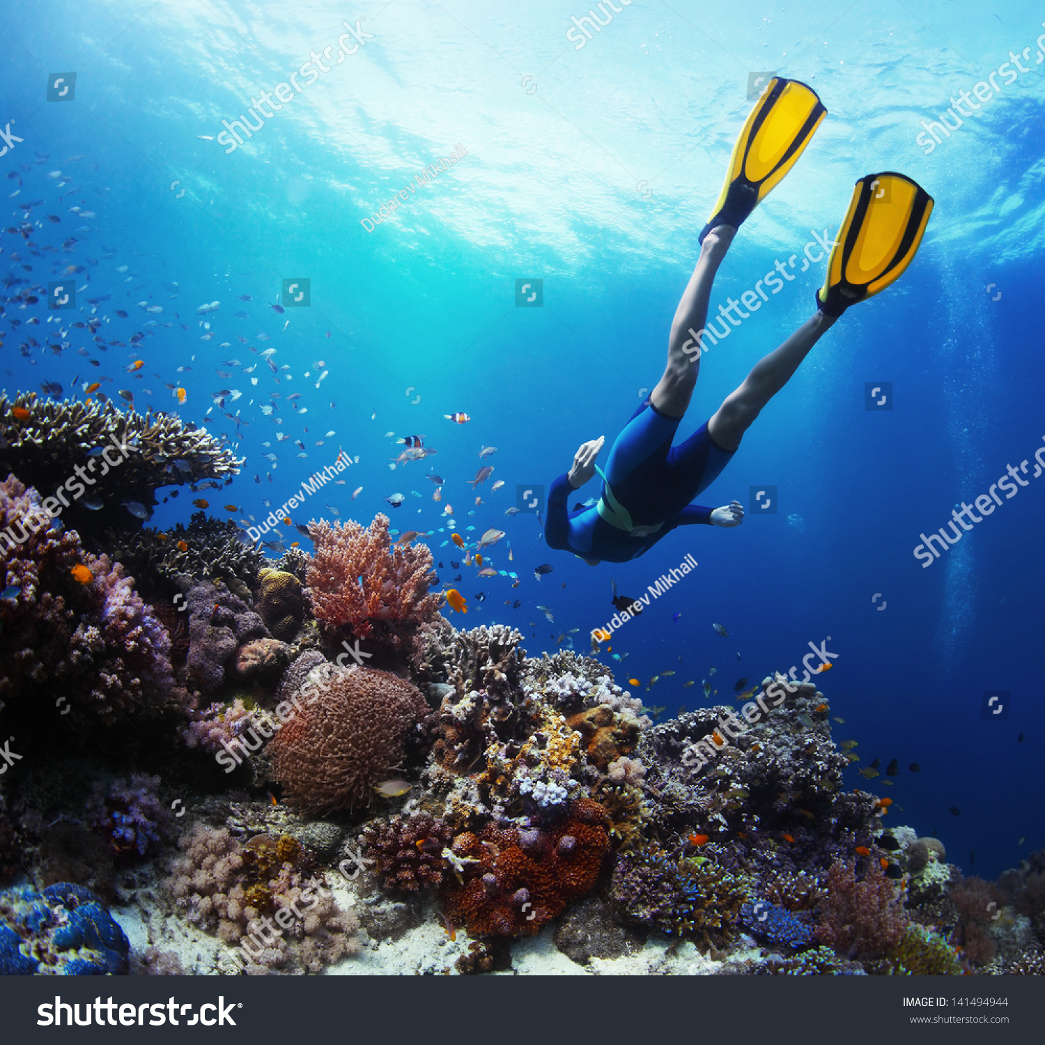 Freediver gliding underwater over vivid coral reef