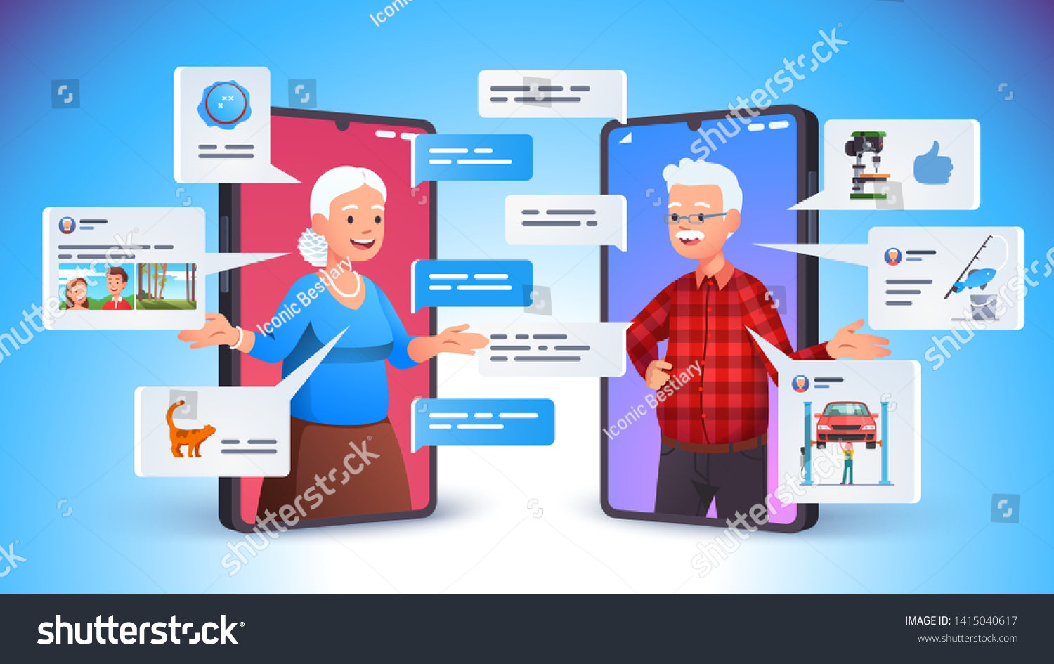 Old aged family couple man & woman communication using smart phone video call. Elderly people talking  chatting  messaging  gossiping on social network topics. Flat vector character illustration