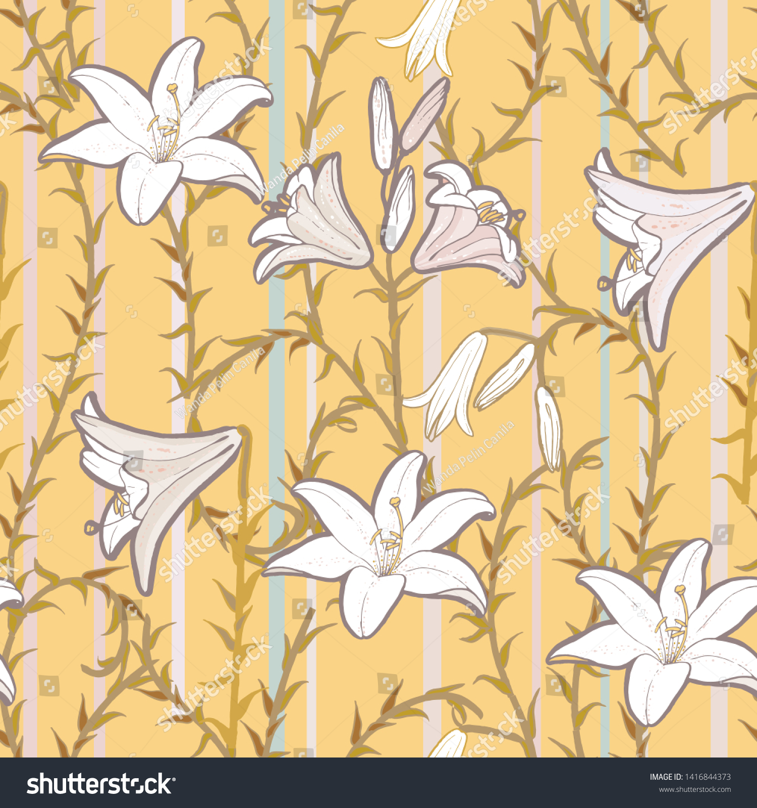Seamless vector floral pattern art nouveau style with white lilies leaves  stripes and stems on yellow background