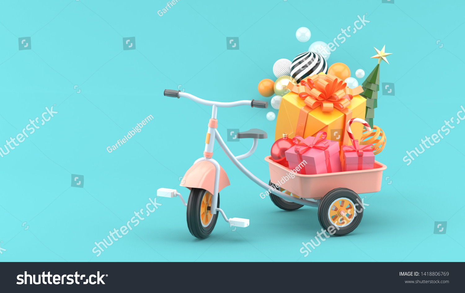 Children's bike carrying Christmas gifts on a blue background.-3d rendering.

