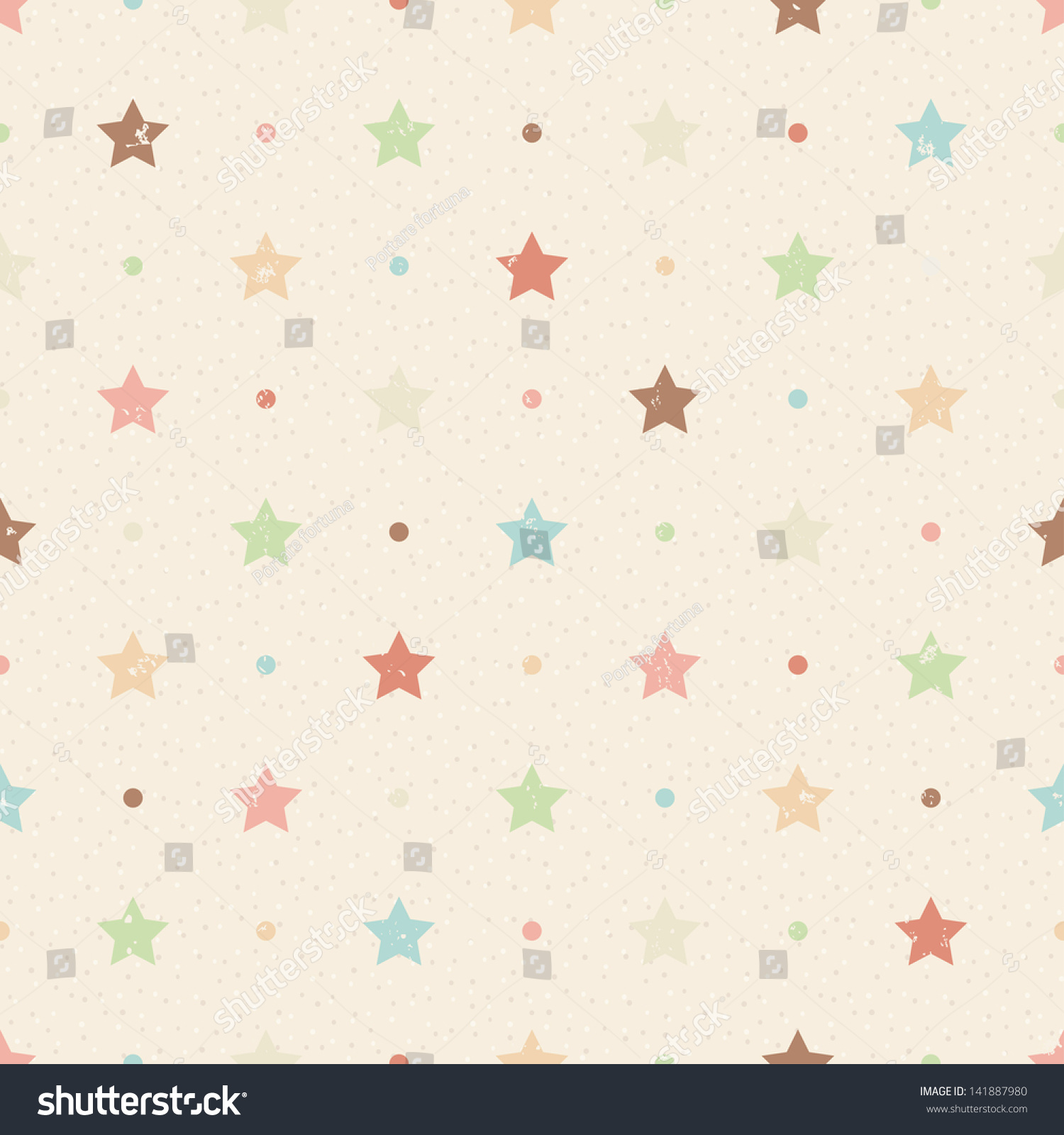 Retro seamless pattern. Color grunge stars and dots on beige textured background