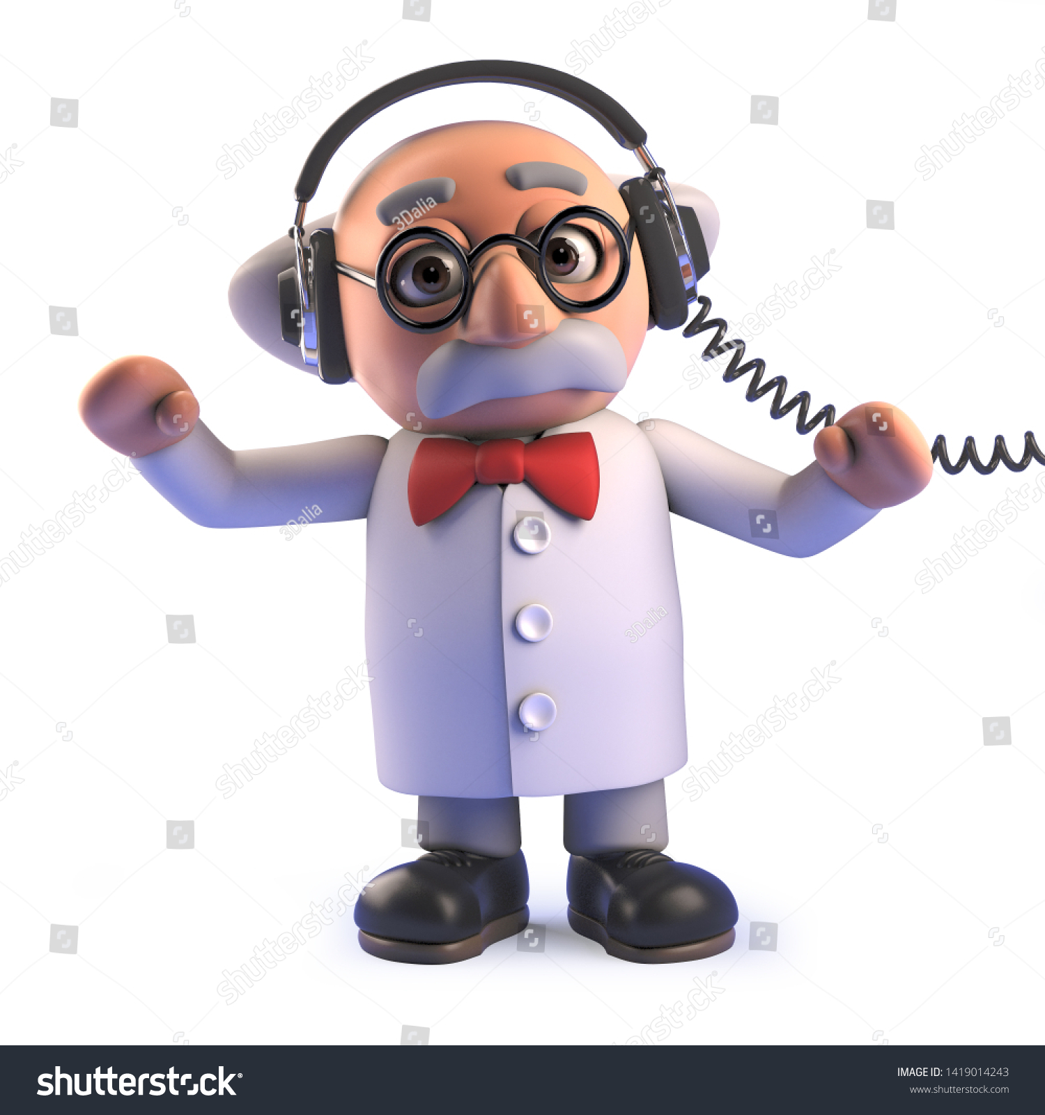 3d rendered image of a mad scientist cartoon character in 3d wearing a pair of headphones