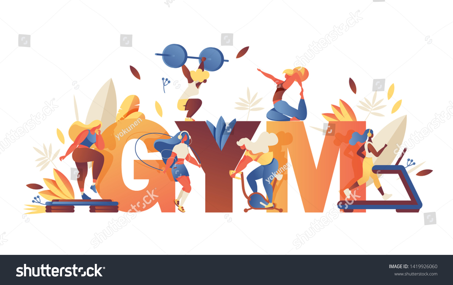 Concept illustration with large word gym and girls doing sport training  leaves and greenery isolated on white background. Creative lettering with contemporary characters