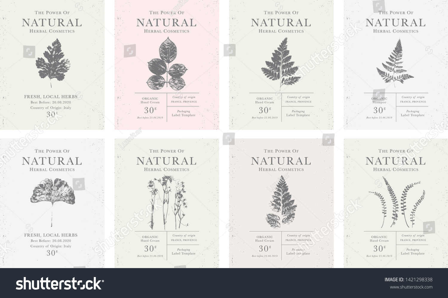 Set of customizable labels of Natural organic herbal products. Vintage packaging design collection for Cosmetics  Pharmacy  healthy food. Dried leaves  real herbarium