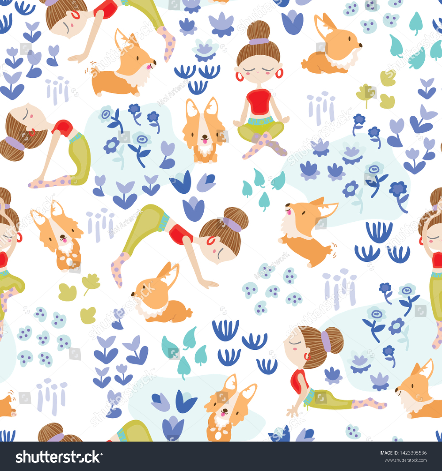 Seamless pattern with cute/ kawaii girl in yoga poses with her corgi welsh. Outdoor sport in the garden. Floral background. Healthy lifestyle.