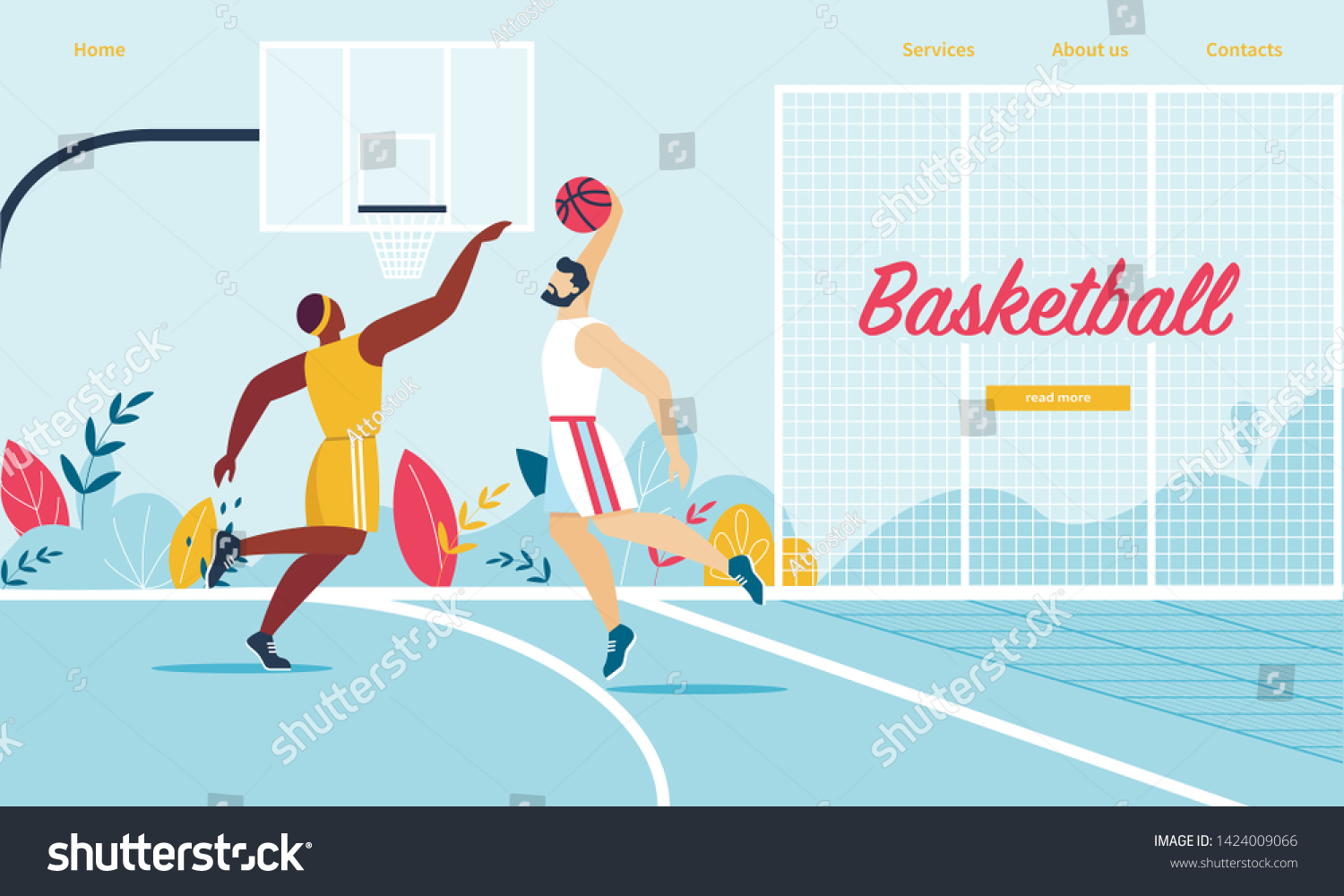 Basketball Players in Action. Attack Man Putting Ball into Basket  Defender Preventing. Sport Team on Professional Tournament. Sportsman Score Goal in Game. Cartoon Flat Vector Illustration  Banner