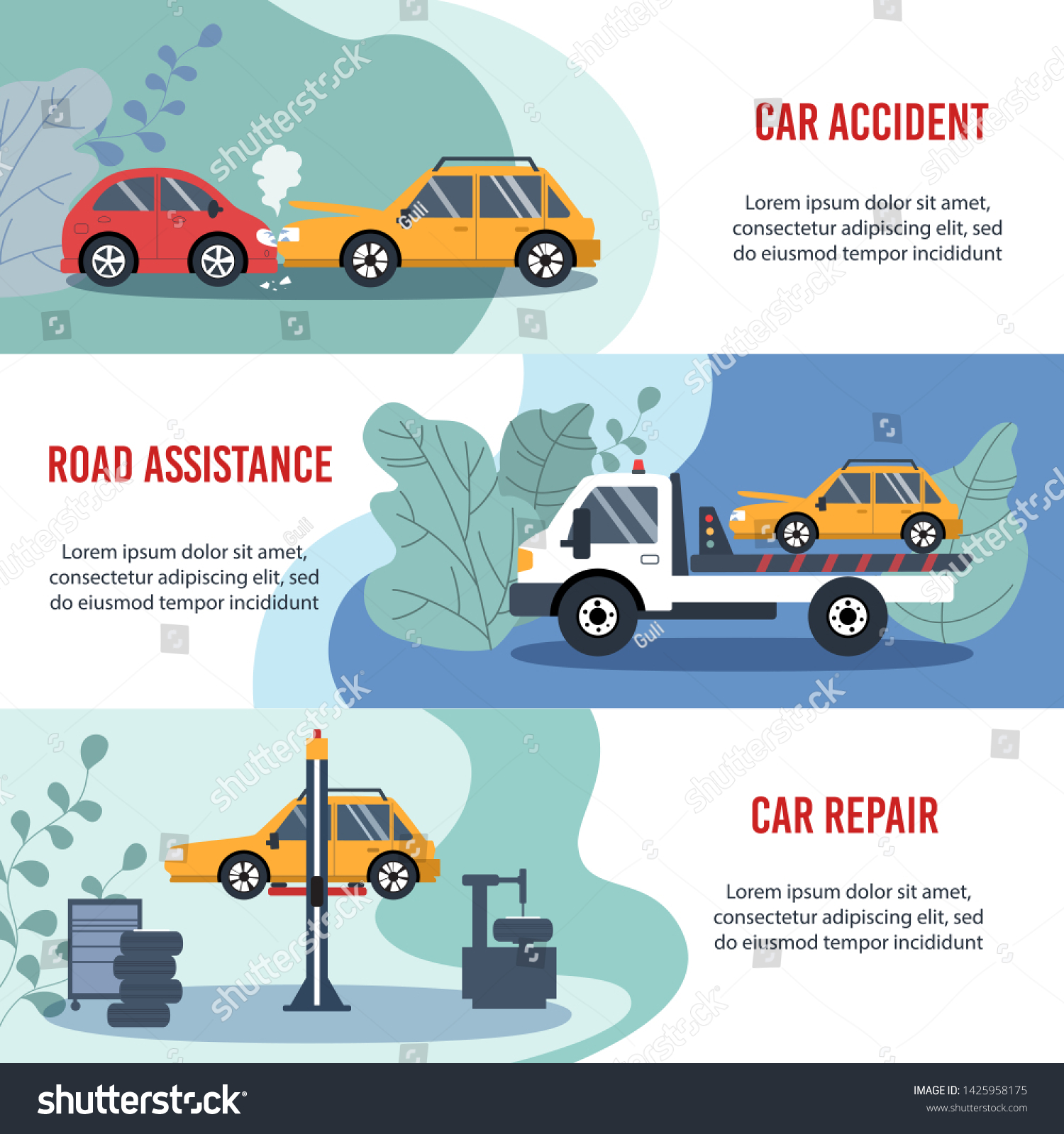 Motor Insurance concept: car accident  road assistance  car repair. Flat horizontal banners. 