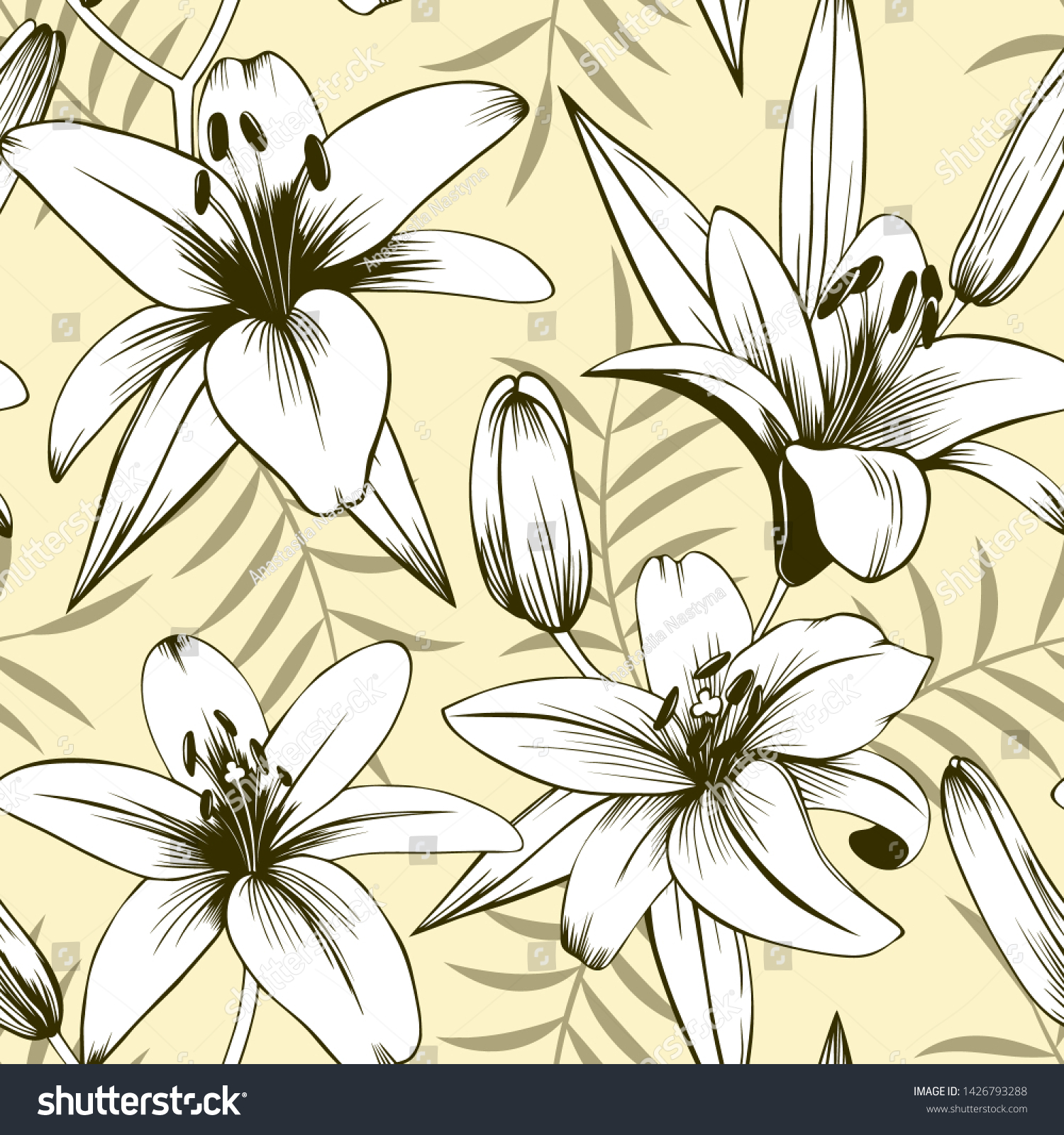Black and white lily flowers leaves and buttons on beige background. Seamless vector vintage floral pattern. Hand drawing line art