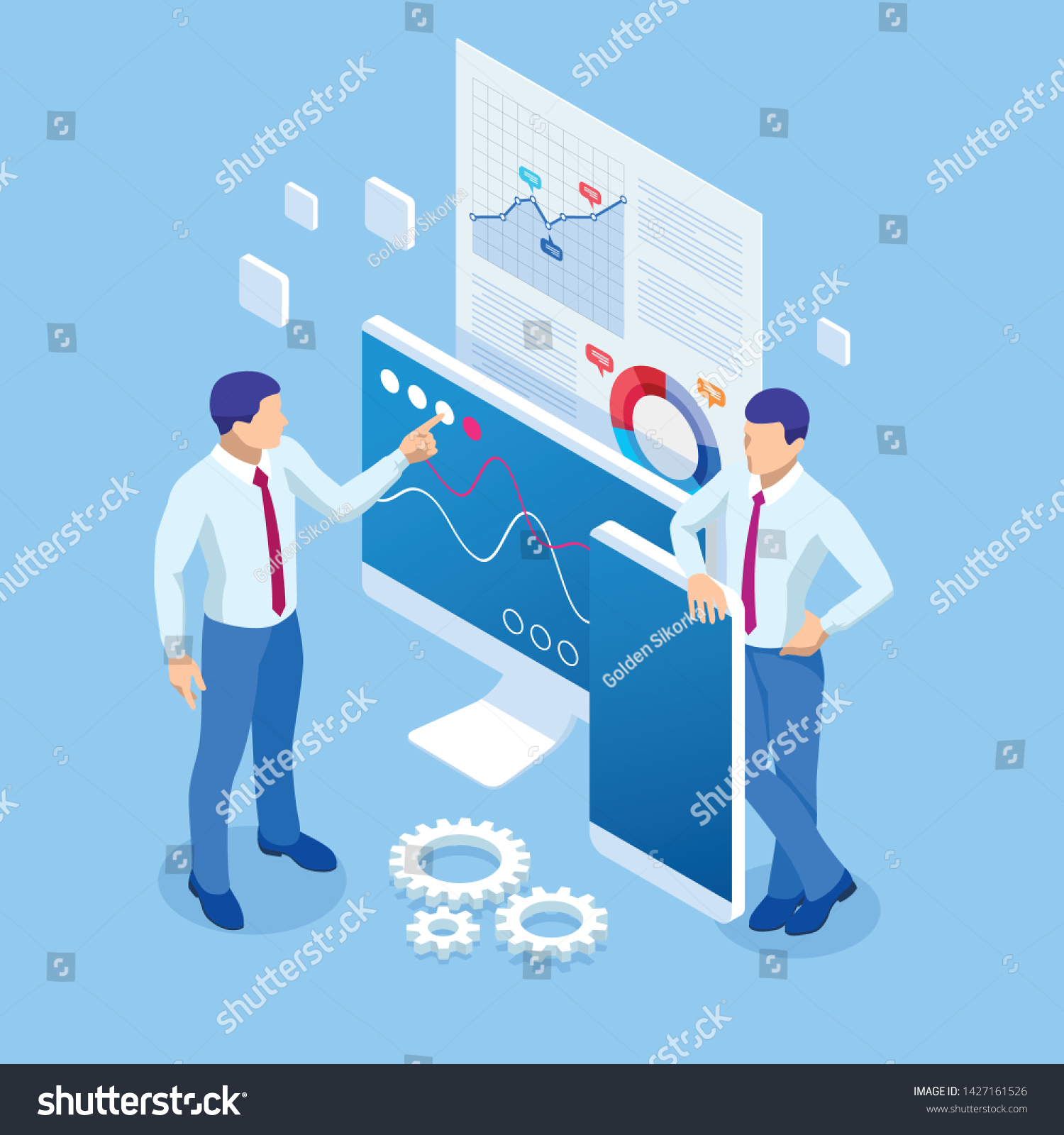 Isometric business analytics and financial technology  data visualization concept. Business Analytics technology using big data  cloud computing  statistical model.