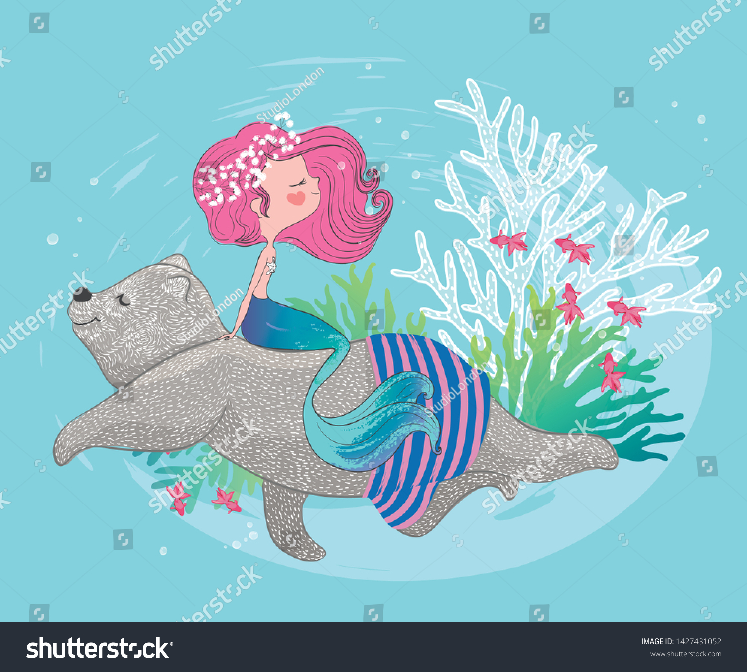 Cute bear and little mermaid swims under the ocean vector illustration