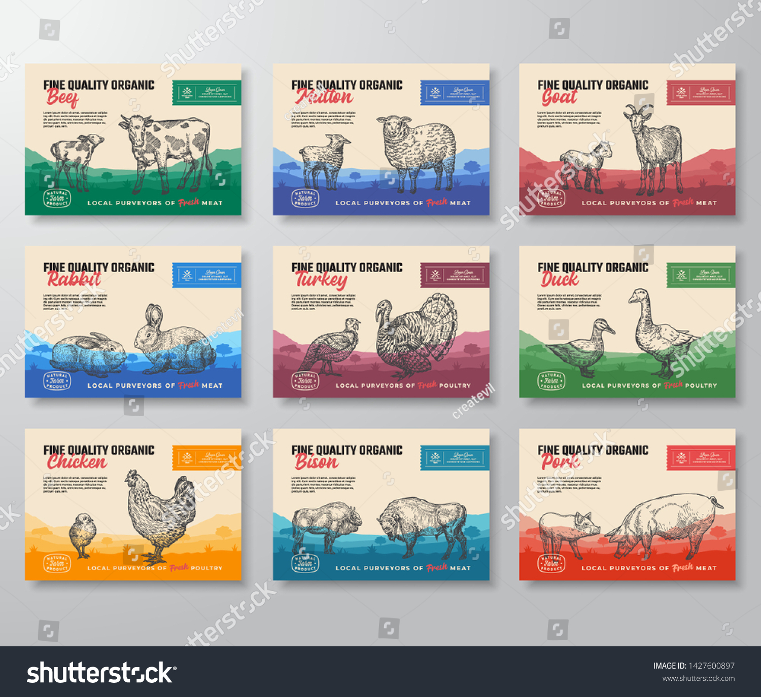 Fine Quality Organic Vector Meat Packaging Label Design Collection. Modern Typography and Hand Drawn Domestic Animals Silhouettes. Rural Pasture Landscape Background Layouts Set. Isolated.