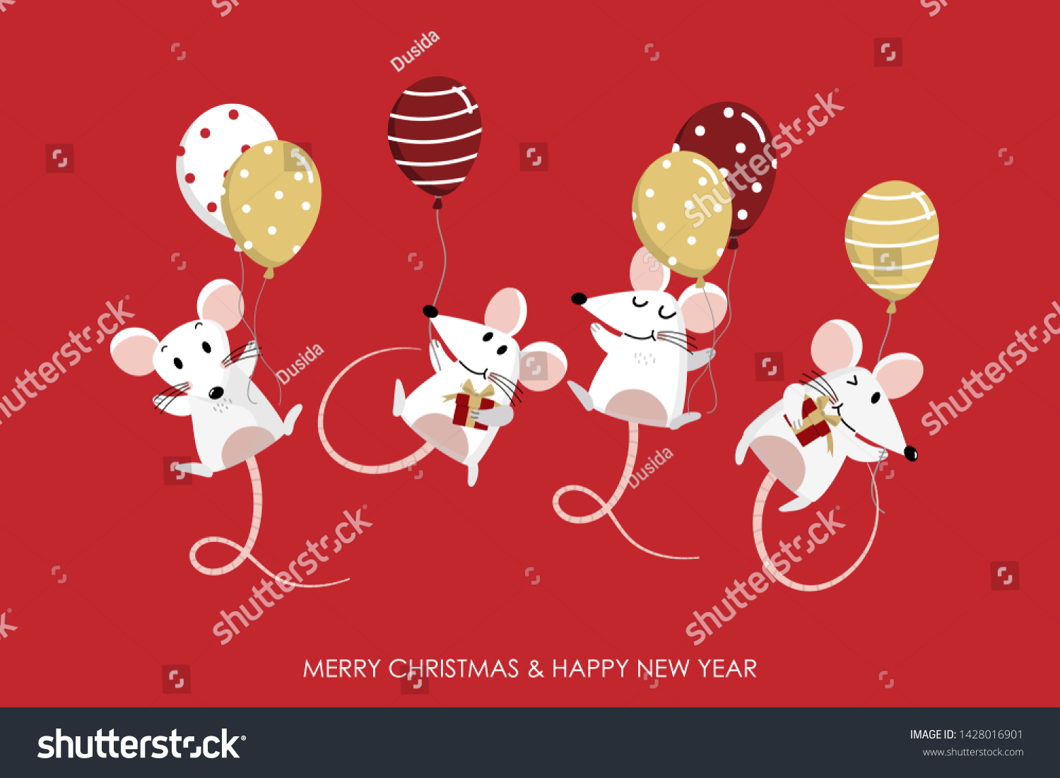 Merry Christmas and happy new year greeting card. 2020 Rat zodiac. Cute mouse and balloons. Animal cartoon character set. -Vector