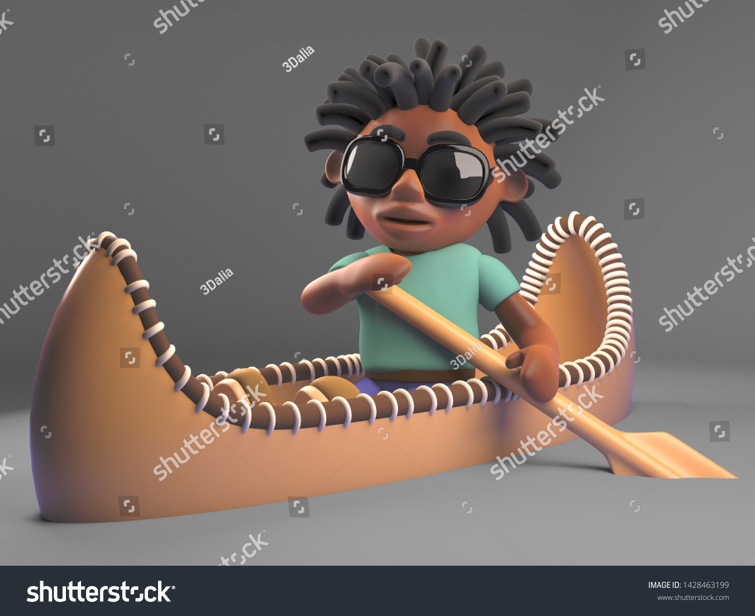 Cool black man with dreadlocks rowing his kayak canoe  3d illustration render
