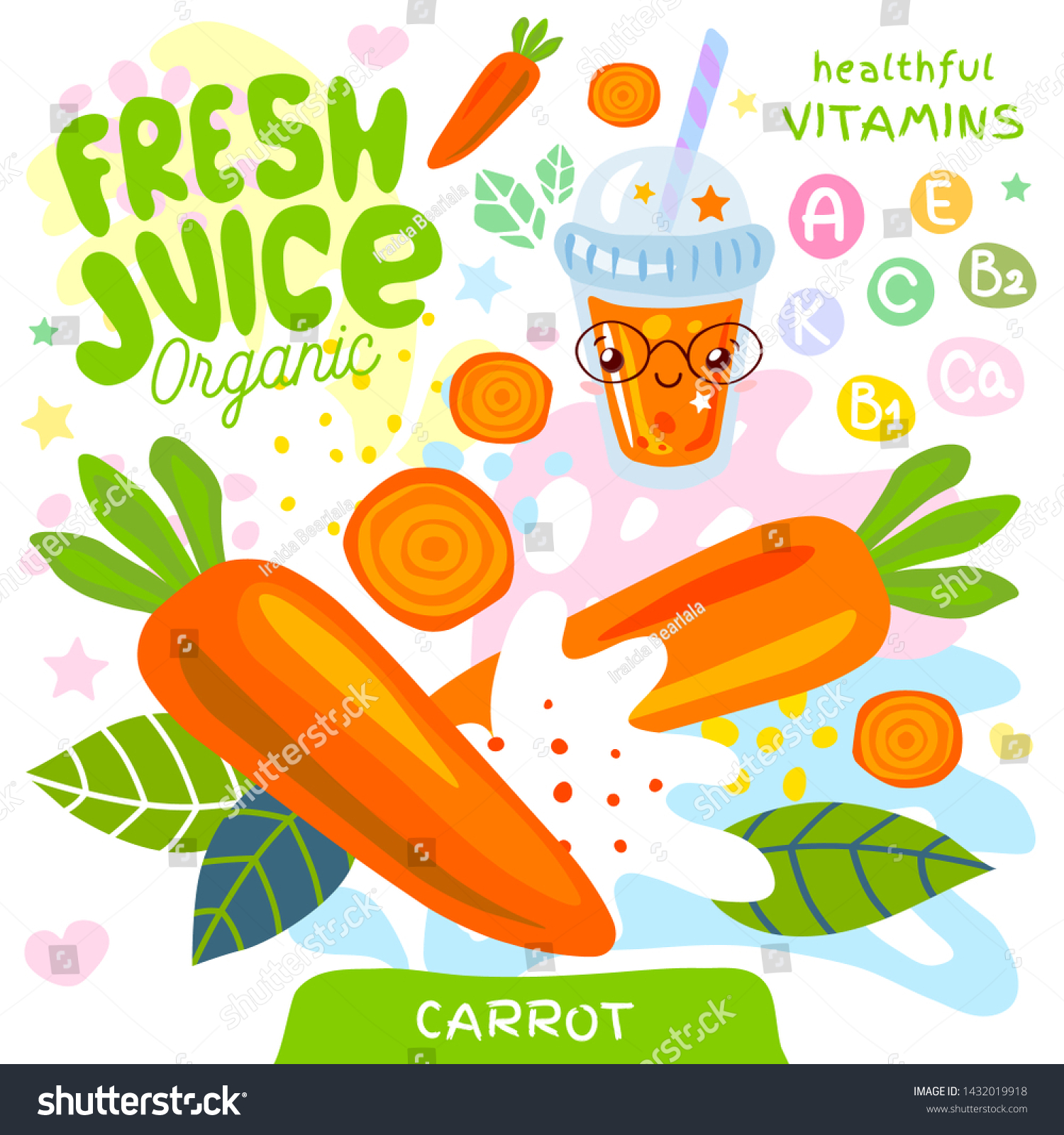 Fresh juice organic glass cute kawaii character. Abstract juicy splash vegetables vitamin funny kids style. Carrot vegetable yummy smoothies cup. Vector illustration.
