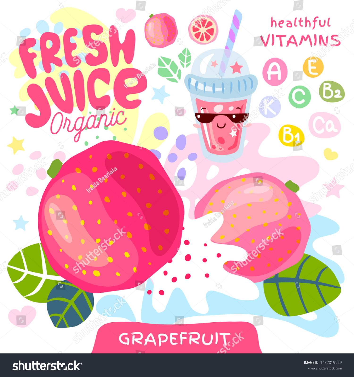 Fresh juice organic glass cute kawaii character. Abstract juicy splash fruit vitamin funny kids style. Grapefruit citrus tropical exotic yogurt smoothies cup. Vector illustration.