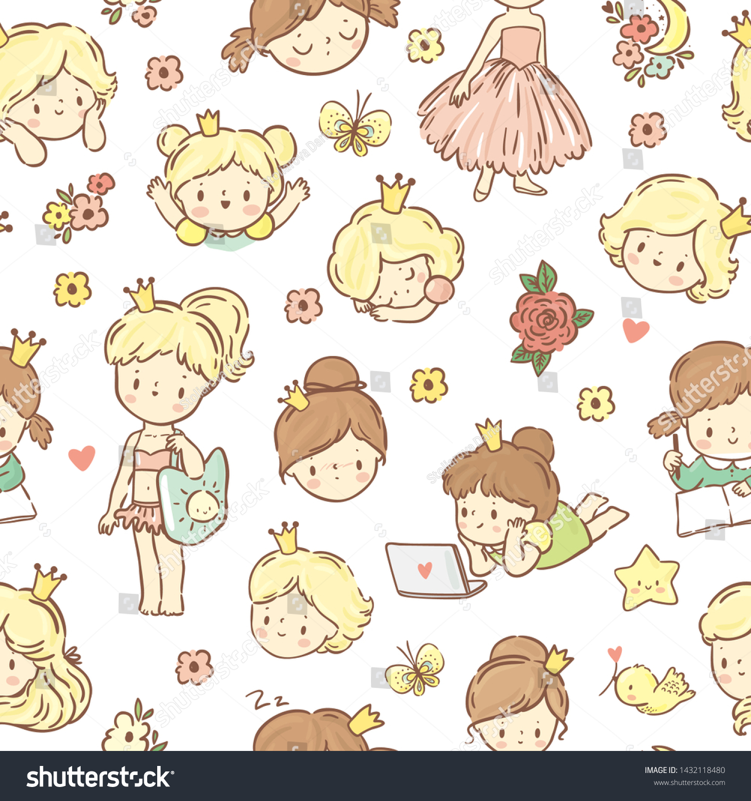Seamless pattern with cute little princess