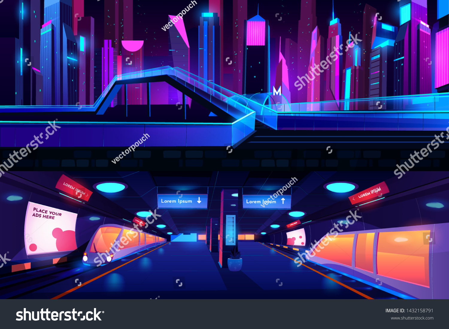 metro station ground and underground cross section view with train  empty subway platform interior  metropolitan entrance in neon night city  glass pedestrian overhead road Cartoon vector illustration